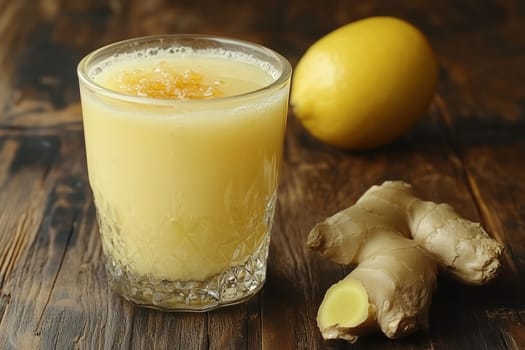 A refreshing drink made from ginger and lemon is displayed in a glass, accompanied by a whole lemon and a piece of ginger root on a rustic wooden table.
