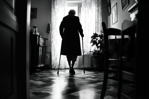 An elderly woman using a cane slowly approaches a sunlit window in a quaint and cozy room, highlighting a tranquil and reflective moment filled with soft light.