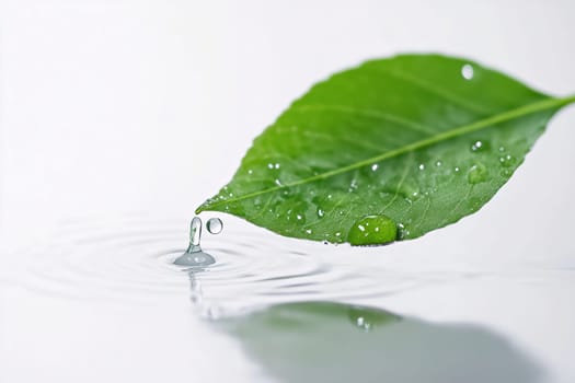 A vibrant green leaf hovers just above a peaceful water surface, releasing several droplets that create gentle ripples, showcasing nature's beauty.