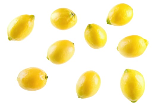 Bright yellow lemons are arranged in a random pattern against a clean white background, highlighting their fresh appearance and smooth skin.