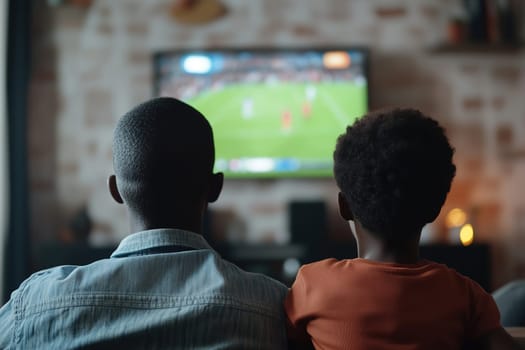 A father and son share a special moment while watching a soccer match on television in their comfortable living room, surrounded by a warm atmosphere.