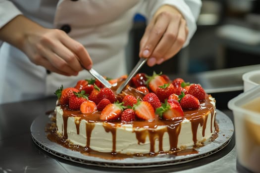 A chef skillfully adds the finishing touches to a decadent cake topped with fresh strawberries and rich caramel sauce in a vibrant kitchen. The atmosphere is lively as they work.