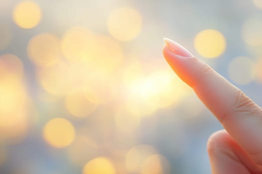A finger gently extends towards a warm, golden light, capturing the enchanting moment of dusk. The soft glow surrounds the hand, adding a mystical quality to the scene.