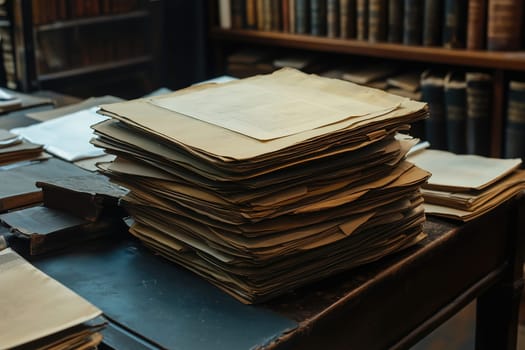 Piles of yellowed papers sit atop a dark wooden desk, surrounded by shelves of classic literature in a cozy vintage library. The warm afternoon light softly illuminates the scene.