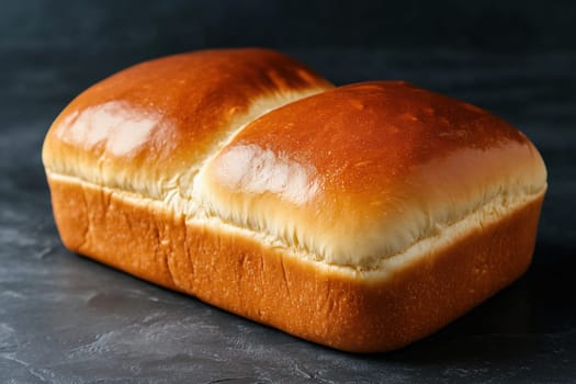 A golden-brown bread loaf sits on a dark surface, showcasing its shiny crust and soft, airy texture. It appears freshly baked, ready for slicing.