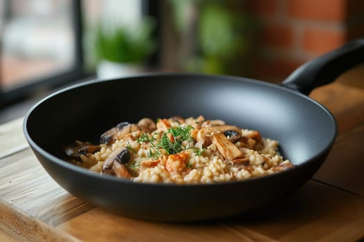 Savory mushroom risotto fills a skillet, featuring a blend of rice, mushrooms, and herbs, with a cozy wooden setting and natural light enhancing the dish's appeal.