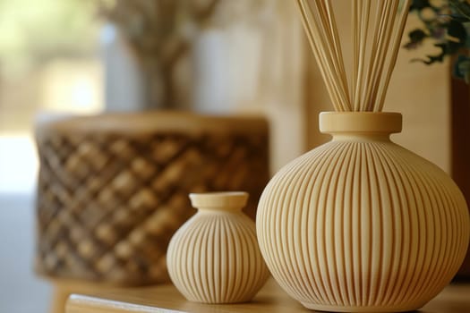 Two beautifully designed ribbed vases, one large and one small, feature reed diffusers, creating a serene atmosphere in a stylish minimalist home.