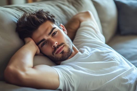 A relaxed young man rests on a couch, leaning back with his arms behind his head. Soft afternoon light fills the room, creating a calm atmosphere.