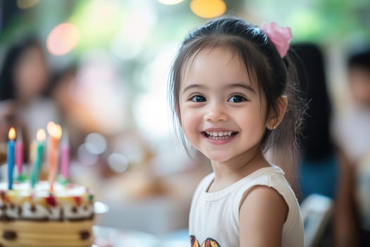 A young girl beams with happiness as she sits next to a beautifully decorated birthday cake with candles, surrounded by family and friends in a lively atmosphere.