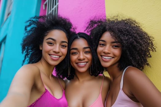 Three friends are taking a cheerful selfie in a vibrant urban area with brightly painted pink and blue walls. They share laughter and warmth, creating fond memories together.