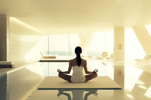 A person practices meditation by an indoor pool as morning light streams through large windows, creating a tranquil atmosphere. The calm waters reflect the peaceful setting.