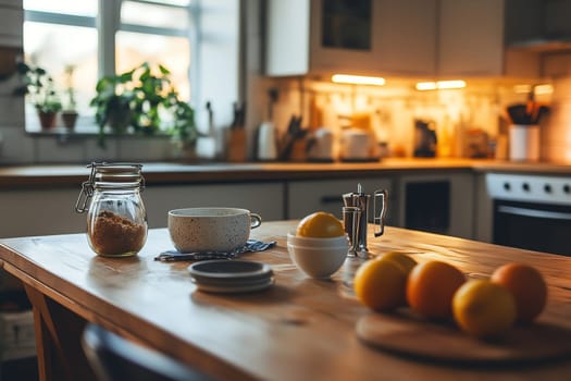A well-lit kitchen displays a wooden table adorned with fresh oranges, a bowl of lemons, and a jar of sugar, reflecting a warm morning atmosphere.