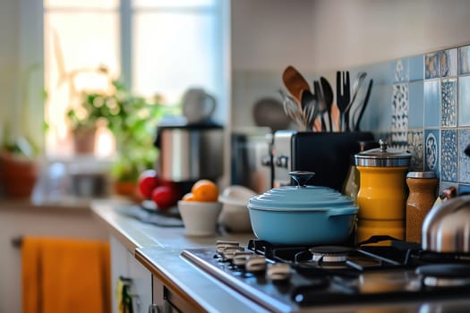A cozy kitchen filled with sunlight showcases a blue cooking pot, fresh fruits in a bowl, and various utensils neatly arranged on the countertop, evoking warmth and comfort.