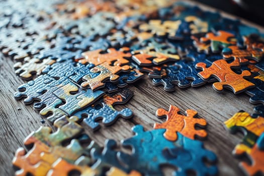 Many puzzle pieces of various colors are spread across a wooden surface, showcasing a vibrant design. The scene captures a calm hour spent putting together a jigsaw.