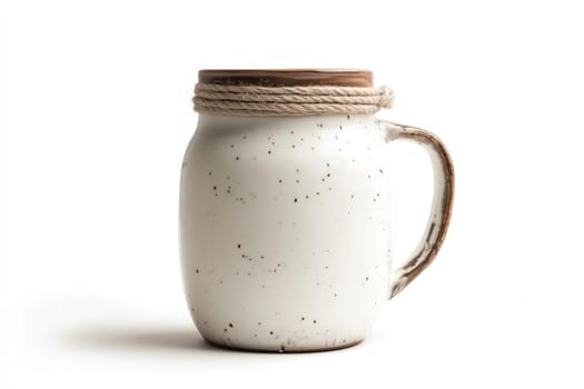 A handcrafted ceramic mug features a rustic wooden lid and wrapped twine, perfectly highlighting its simple and elegant aesthetic against a white backdrop.