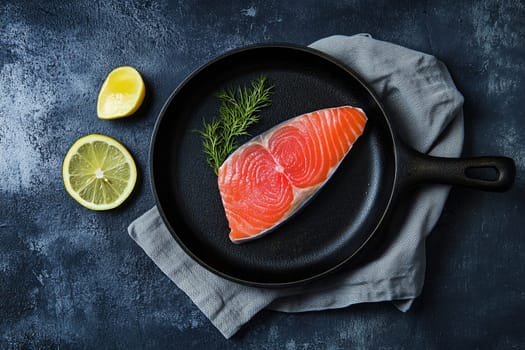 A vibrant salmon fillet sits in a cast iron skillet, surrounded by fresh lemon slices and a sprig of dill, creating a colorful culinary display.