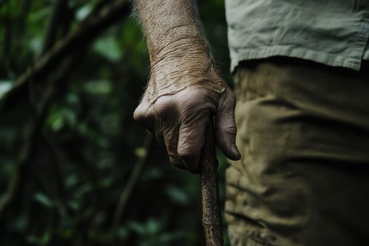 An older individual holds a thick stick tightly, surrounded by vibrant green foliage in a dense forest. The hand shows signs of age, symbolizing strength and resilience in nature.