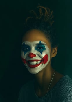 Young woman with dreadlocks happily wears clown makeup against a dark backdrop, creating a funny and slightly eerie atmosphere perfect for halloween or carnival projects