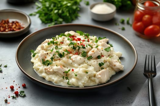 A delicious creamy chicken dish topped with fresh herbs and spices sits elegantly on a rustic table, surrounded by fresh ingredients like tomatoes and seasonings.