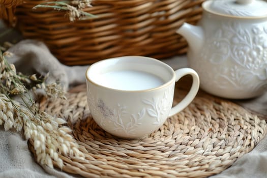 A delicate white teacup brimming with milk rests on a woven mat, accompanied by a decorative teapot and dried flowers, creating a cozy atmosphere.