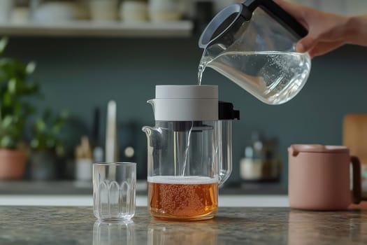 A hand holds a glass pitcher, pouring hot water into a tea infuser. The kitchen countertop features a glass cup and a pastel teapot, creating a warm ambiance for brewing tea.