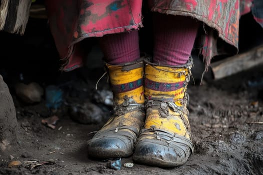 A pair of worn yellow boots covered in mud rests in a rural setting. Brightly colored socks peek out, revealing the hard work and cultural heritage of the individual.