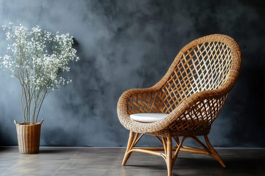 A cozy wicker chair with a cushion is placed next to a decorative plant in a modern room. The dark wall enhances the stylish atmosphere.