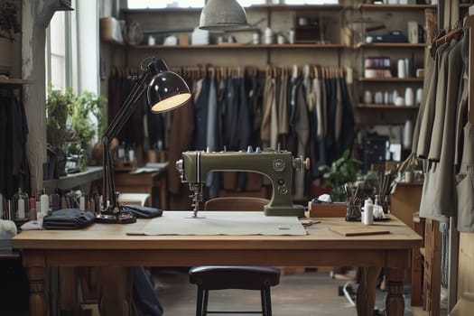 A vintage sewing machine sits on a wooden table in a tailor shop.