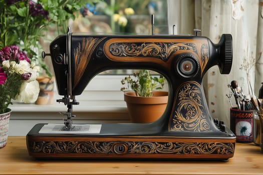 A vintage sewing machine with intricate designs sits on a wooden table, surrounded by blooming flowers and sunlight streaming through the window, creating a warm, inviting atmosphere.