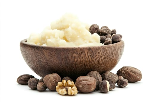 A wooden bowl holds creamy shea butter beside an assortment of nuts, highlighting natural ingredients used in skin care and beauty products. The clean white background enhances the organic appeal.