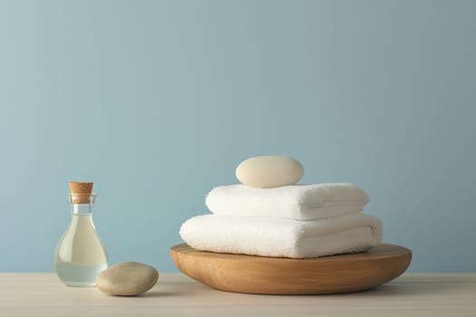 A serene spa arrangement features neatly stacked white towels on a wooden tray, accompanied by a glass bottle of oil and smooth stones, emphasizing relaxation and wellness.