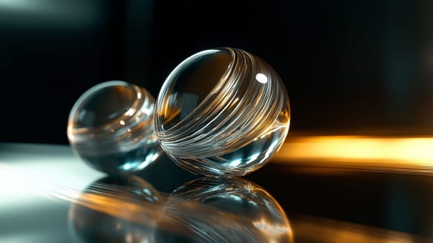 Two glass spheres are standing on a reflective surface, with golden light reflecting on them. The background is dark and mysterious