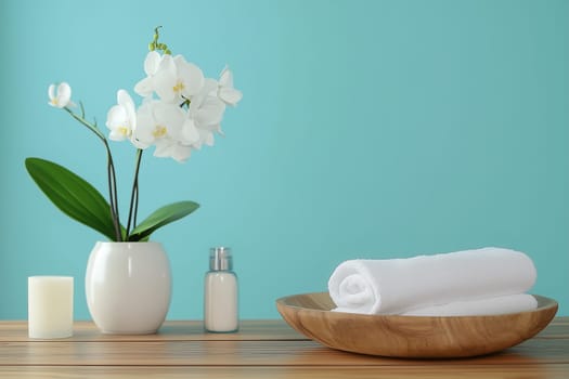 A peaceful spa arrangement featuring neatly rolled white towels, a lit candle, and a delicate orchid in a vase, all set on a wooden table with a soothing turquoise wall behind.