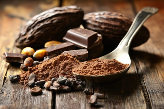Various forms of chocolate and cocoa are displayed on a wooden table, featuring whole cocoa beans, chocolate bars, and cocoa powder, showcasing their rich textures and colors.