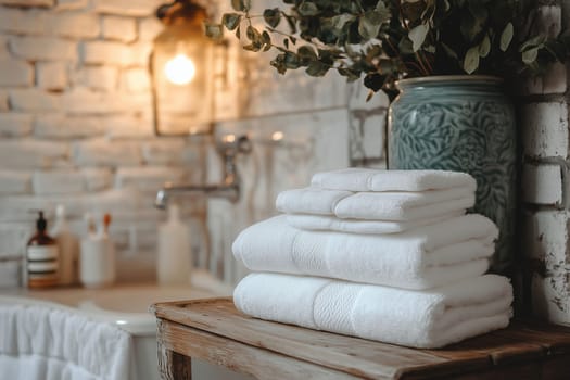 A stack of neatly folded white towels rests on a rustic wooden table in a inviting bathroom, accented by soft lighting and potted greenery in the background, creating a serene atmosphere.