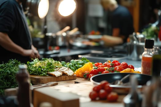 In a bustling kitchen, a chef prepares a colorful meal surrounded by fresh vegetables and herbs on a wooden cutting board, highlighting a lively cooking environment.
