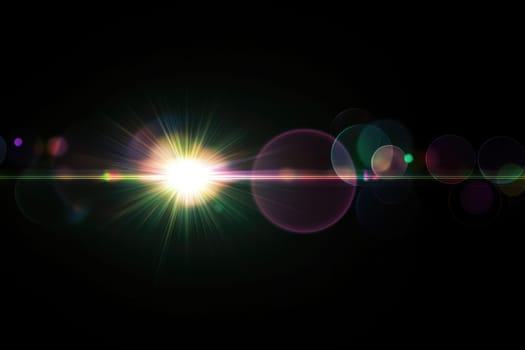 A captivating light burst with vibrant lens flares against a dark background creates a stunning visual effect, perfect for enhancing artistic projects or backgrounds.