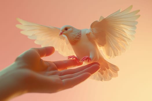 A captivating image showcasing a white dove gracefully perched on an outstretched hand, illuminated by soft golden light, symbolizing peace and connection with nature.