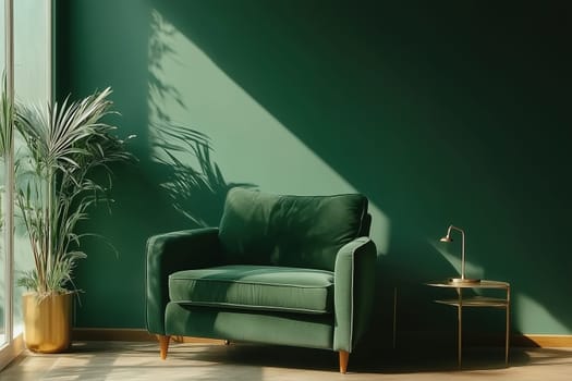 A comfortable green armchair is positioned near a wall painted deep green, with sunlight casting soft shadows. A gold plant adds a touch of elegance to the serene space.