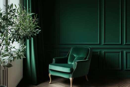 A cozy green armchair is positioned in a chic corner with deep green walls, complemented by elegant curtains and a leafy plant by the window, creating a serene atmosphere.