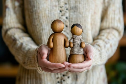 Two wooden figures resembling a couple are gently cradled in hands, highlighting craftsmanship in a warm, inviting indoor setting during daylight.