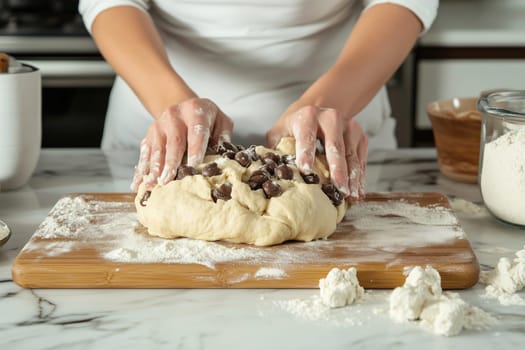 In a bright kitchen, a baker kneads chocolate chip cookie dough on a wooden board surrounded by flour, preparing for baking. The atmosphere is warm and inviting.