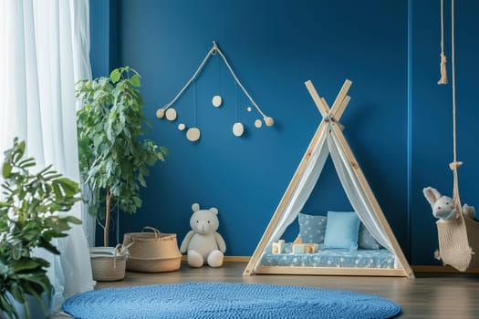 The cheerful playroom features a blue wall, a wooden teepee adorned with cushions, a plush bear, and decorative elements for a fun and cozy children's space.