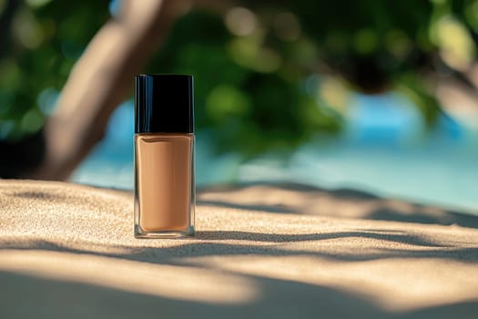 A chic bottle of liquid makeup rests on soft sand, set against a serene green backdrop. This image beautifully blends the themes of beauty and nature in harmony.