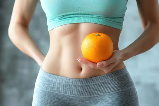 A person in athletic wear holds a vibrant orange near their waist, emphasizing a fit lifestyle. The light-filled background supports a sense of wellness and vitality.