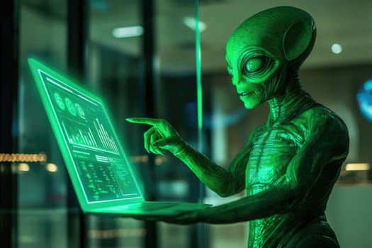 A captivating scene features a green alien interacting with a holographic laptop, displaying data in a modern, high-tech setting, blending fantasy and technology seamlessly.