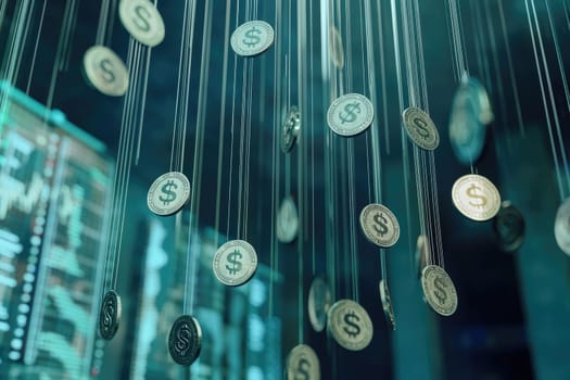 A captivating image showcasing digital coins suspended in a high-tech setting, representing concepts of wealth, investment, and modern finance in a contemporary economic environment.