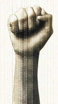 Strong fist clenches tightly amidst a stream of binary code, evoking ideas of data security and digital power