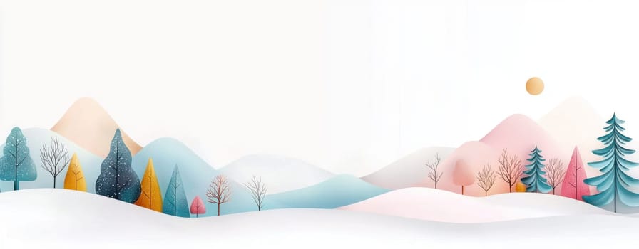 Winter landscape with abstract mountains, trees, and soft colors.