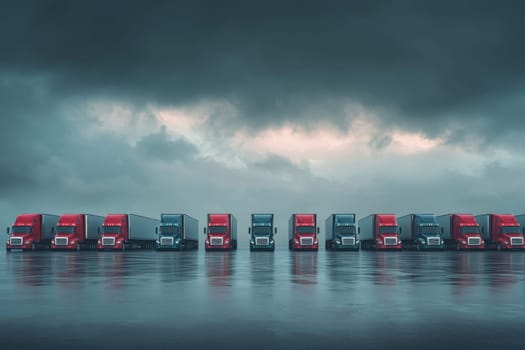 A visually striking image of a lineup of colorful trucks parked under a dramatic stormy sky, reflecting on the wet asphalt, showcasing the essence of transportation and logistics.